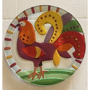Lori Siebert Silvestri Rooster Bird 11” Plate Hand Blown Fused Glass Sunshine